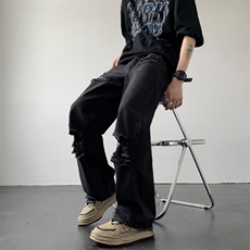 破洞牛仔裤男夏季设计感小众宽松阔腿直筒乞丐裤潮牌潮流vibe裤子，男装牛仔裤，星座410-7