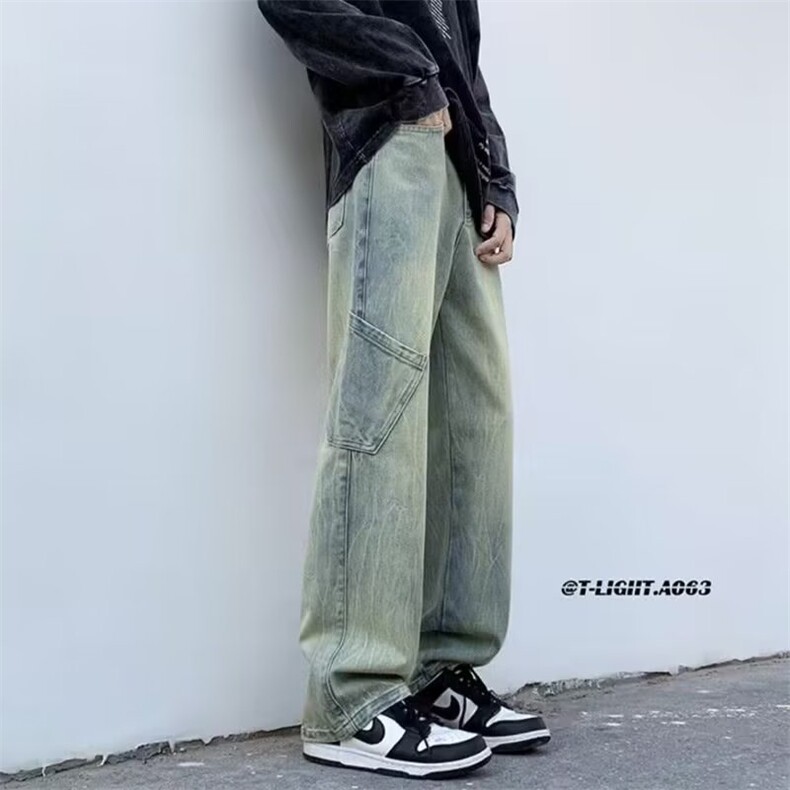 现货秋季美式insi高街hiphop重工艺水洗直筒工装牛仔裤2024港风,男装牛仔裤,星座218-1（原230）