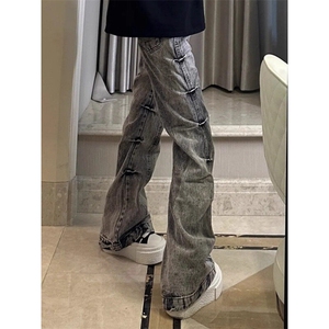 水洗复古牛仔裤男秋冬季加绒加厚美式潮牌褶皱设计感宽松直筒裤子图片