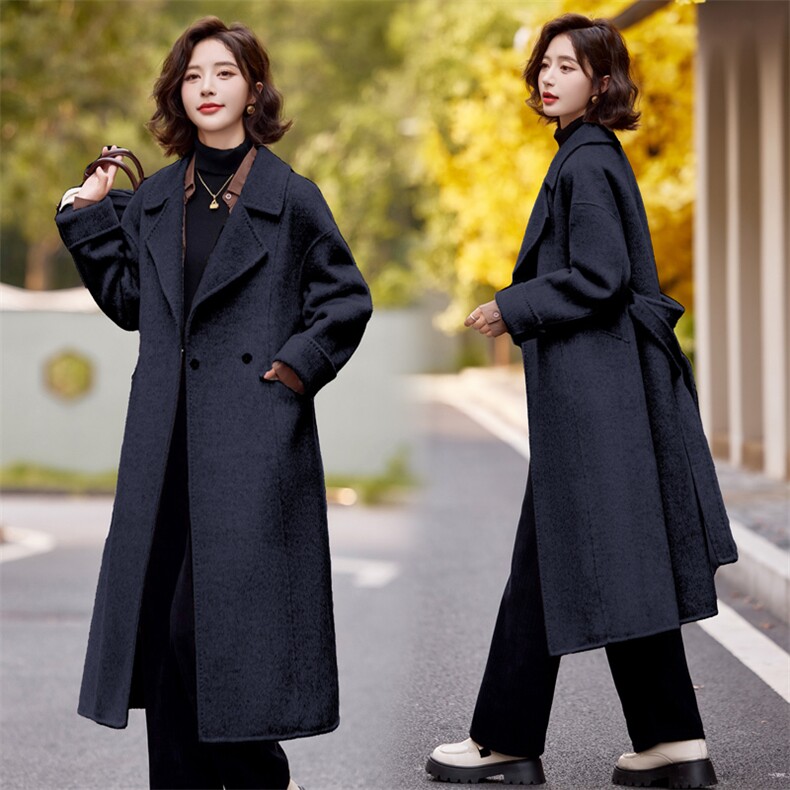 双面羊毛大衣女2025年秋冬新款气质百搭中长款显瘦100%羊毛外套,女装双面呢大衣,小荷流
