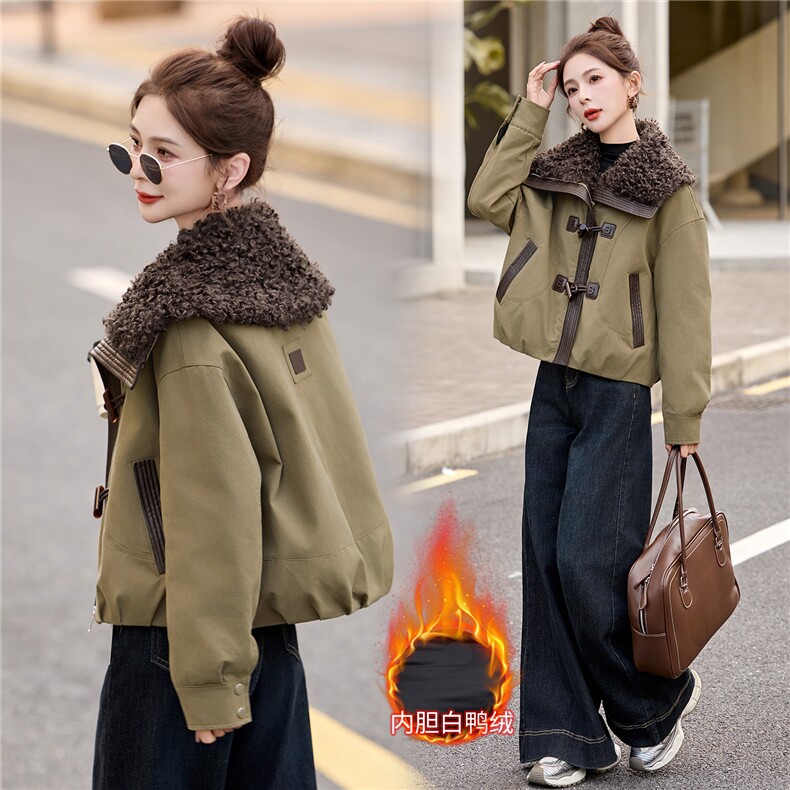 现货工装大翻领短款羽绒服女2026冬季新款加厚保暖派克服外套,女装羽绒服,美沁