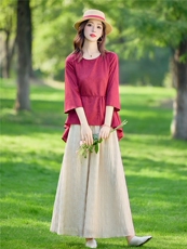 新中式休闲套装女春夏宽松系腰带显瘦七分袖上衣气质裙裤两件套，女装套装/套裙，水衣源