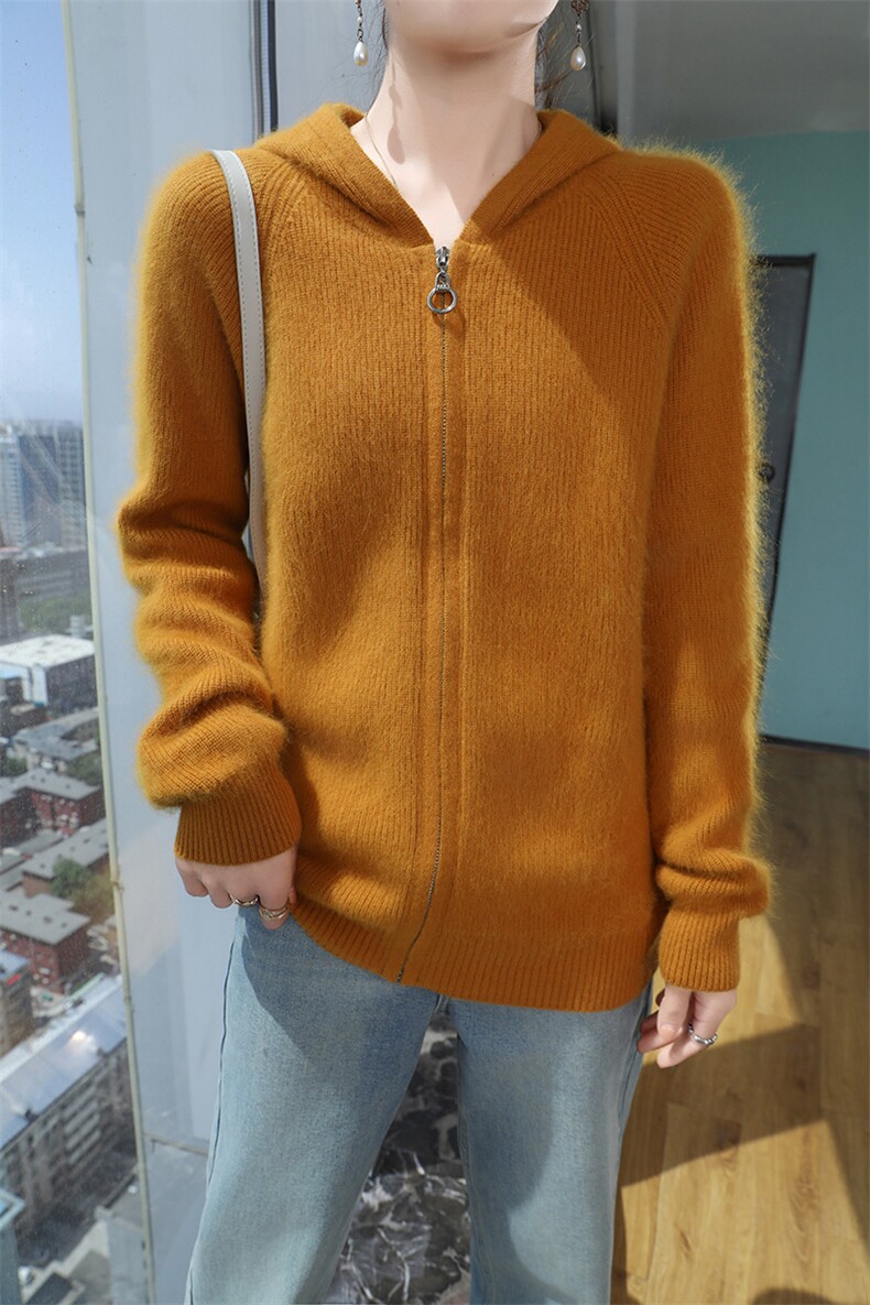 空气层~休闲加厚山羊绒开衫连帽毛衣外套拉链女秋冬款针织羊毛衫,针织衫/毛衣,冬贝尔貂绒