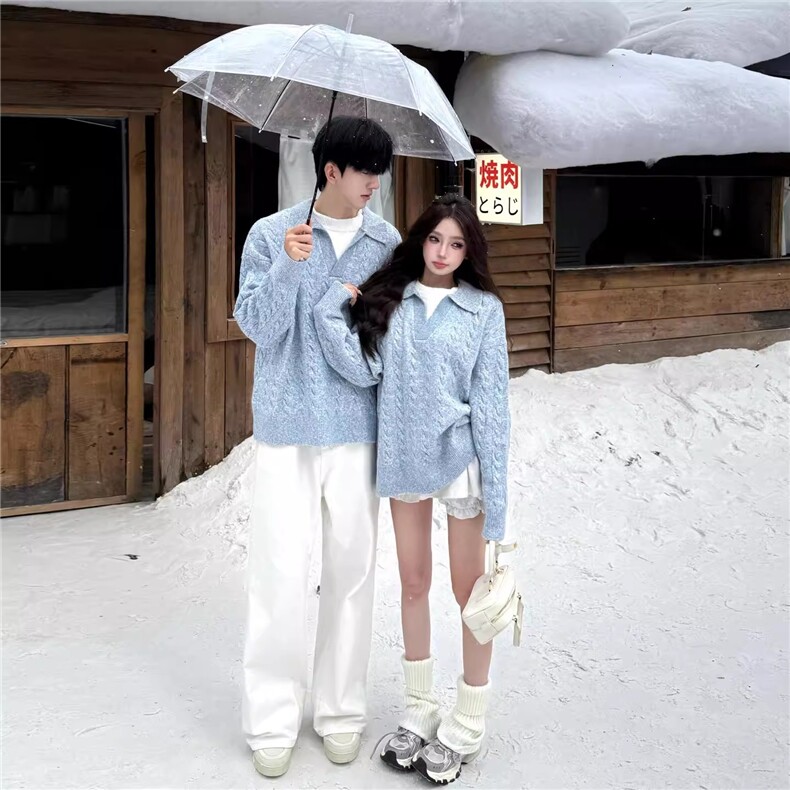 JY550-P61情侣装翻领麻花毛衣男女秋慵懒宽松休闲假两件针织衫,男装针织衫/毛衣,星座1501-3