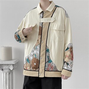 2021秋新款风刺绣夹克男日系明线拼接宽松薄款外套 W1196-P75图片