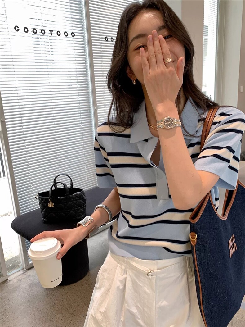 小清新甜美撞色条纹短袖针织衫外穿通勤气质显瘦polo衫正肩打底衫,女装T恤,雪真羊绒