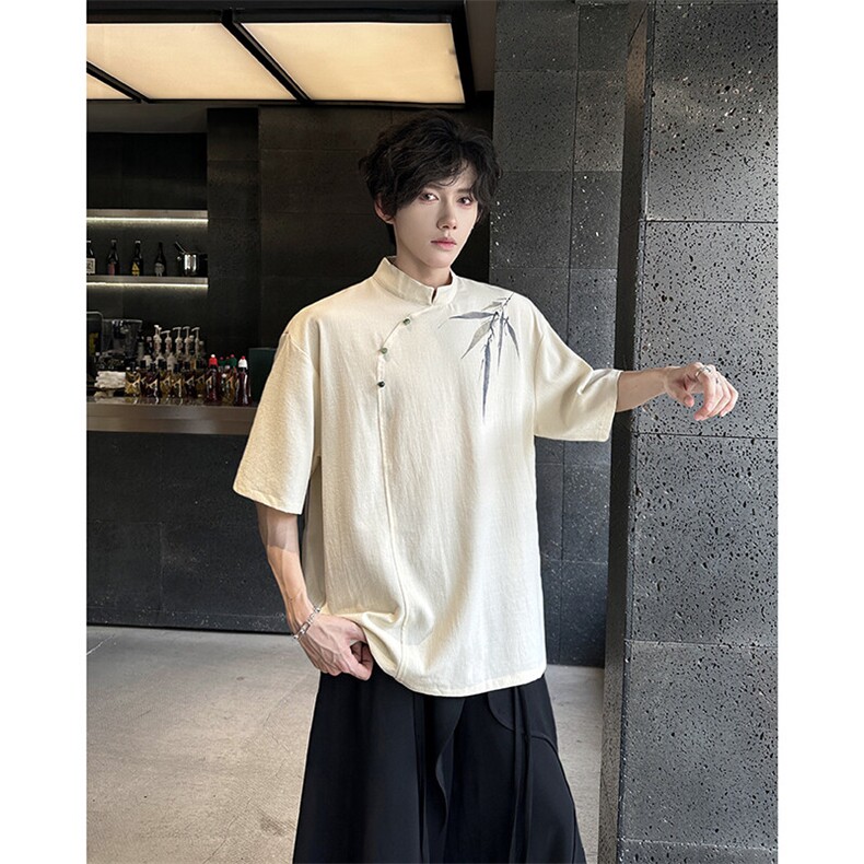 25新中式男士竹叶斜襟短袖衬衫CS131-P78,男装T恤,电商B288