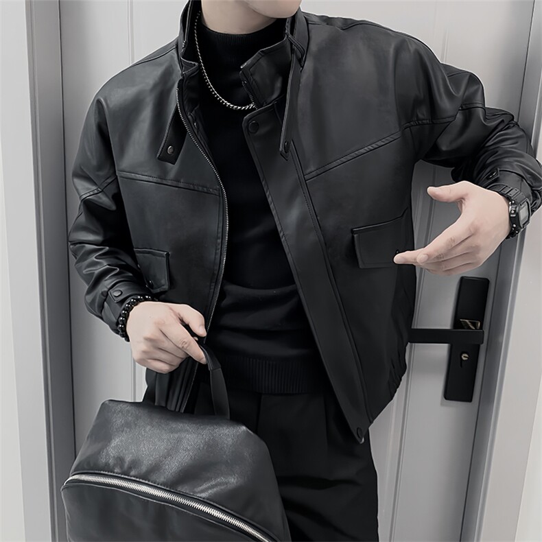 AF129/P128控168秋季社会小伙美式立领翻盖PU机车皮外套男黑首,男装工装外套,星座305B-1