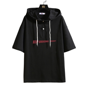 LD54071-P45 连帽短袖t恤男大码胖子带帽五分袖中袖 砖墙挂拍图片