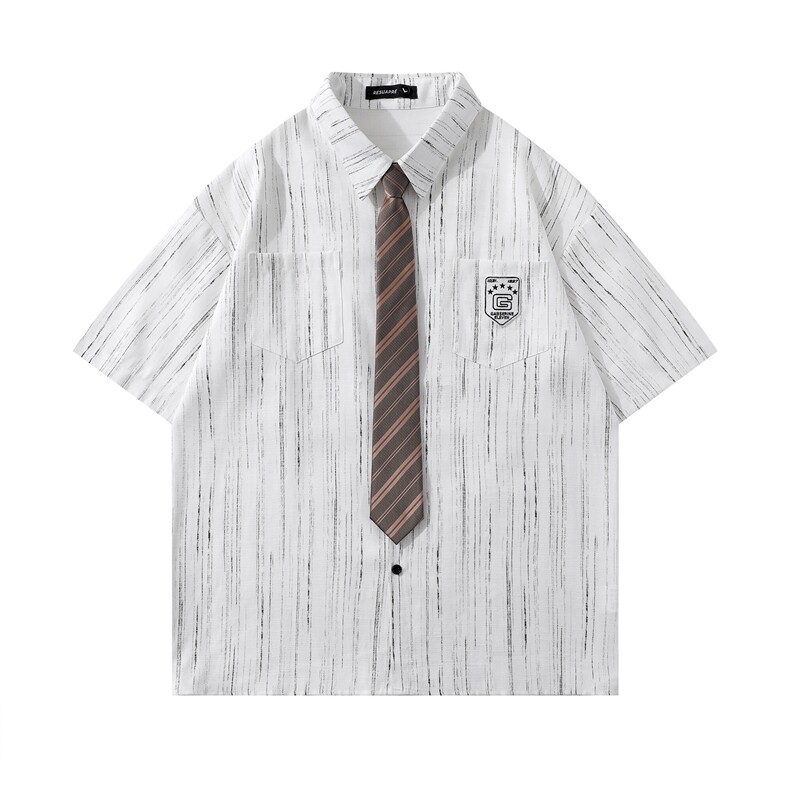 潮牌学院风条纹短袖衬衫男女夏季休闲百搭情侣衬衣insT204P65,男装T恤,星座201-2
