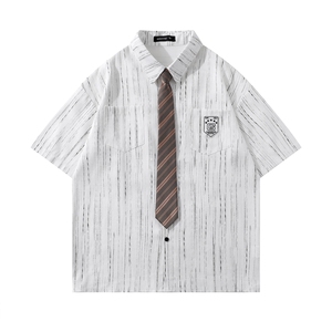 潮牌学院风条纹短袖衬衫男女夏季休闲百搭情侣衬衣ins T204 P65图片