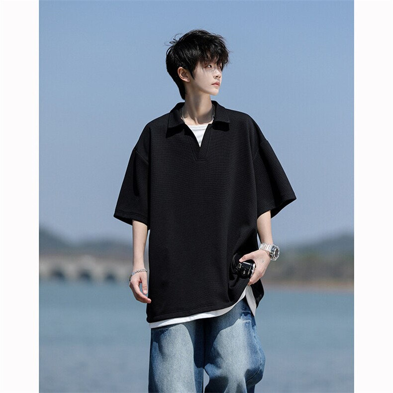 8XL-M假两件V领短袖t恤男夏翻领半袖宽松重磅华夫格大码DT001P40,男装T恤,电商B312