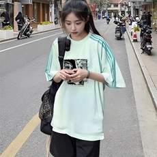 抖音得物品质二开240克宽松纯棉美式潮牌印花三条杠中性风短袖T恤，男装T恤，电商A486