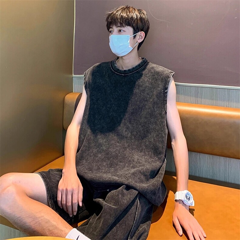 抖音得物品质二开240克重磅美式高街纯棉水洗做旧复古无袖T恤背心,男装T恤,电商A486-1