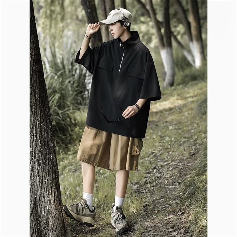 夏季半拉链高领衬衫男短袖t恤潮牌复古垂坠感小众休闲薄款衬衣服,男装衬衫,星座601-2