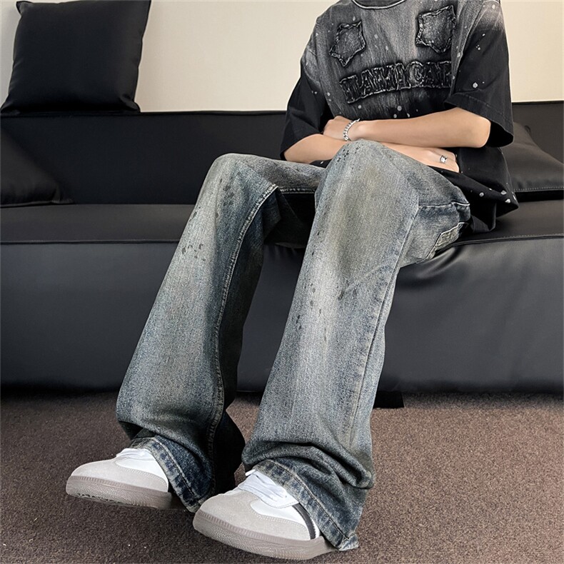 美式高街vibe复古泼墨牛仔裤男潮牌宽松直筒微喇叭长裤N00522-p52图片