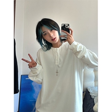 港风日系复古早秋男女套头V领长袖T恤设计感XZ213-V005-P35控48，男装T恤，星座213