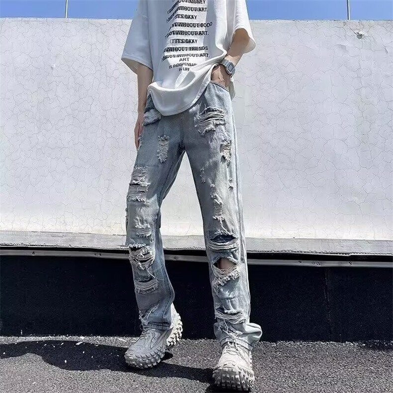 2026美式高街大破洞牛仔裤男女阔腿直筒裤乞丐裤子K70456-P45网图,男装牛仔裤,电商B245