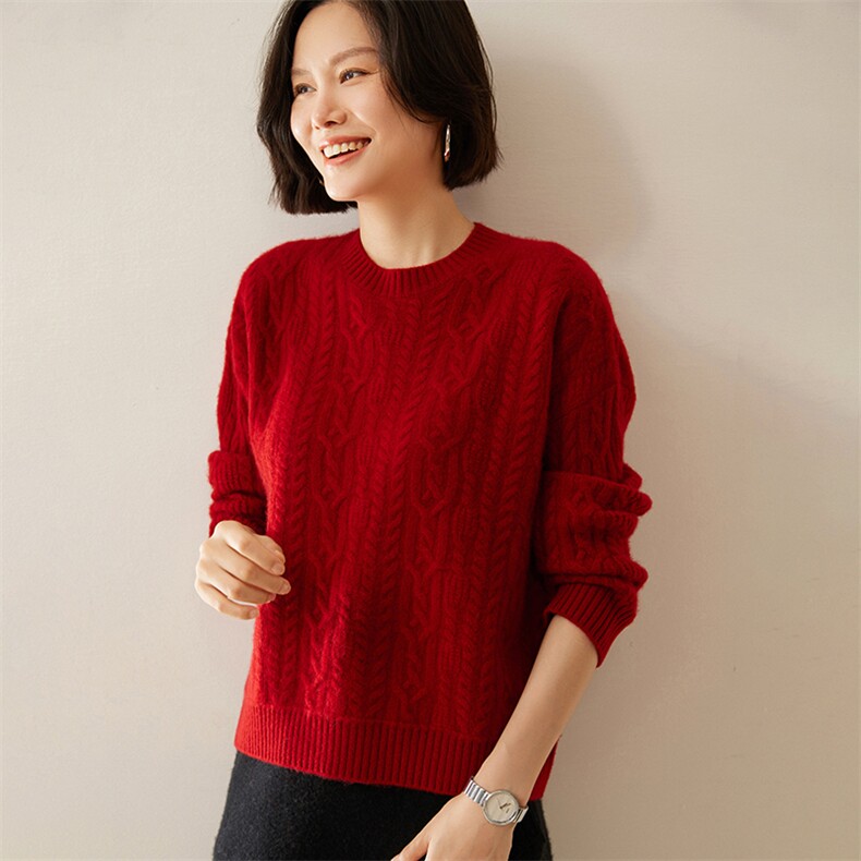 软糯亲肤山羊绒衫绞花圆领毛衣女秋冬新款宽松加厚羊毛针织打底衫,女装羊绒衫,绒创羊绒