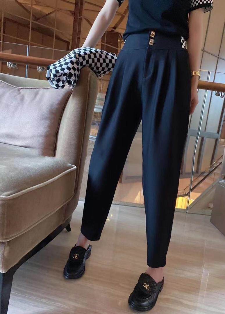 2021秋季新款欧洲站高腰两粒扣拼接棋盘格显瘦百搭休闲裤女，女装休闲裤，L·H·X