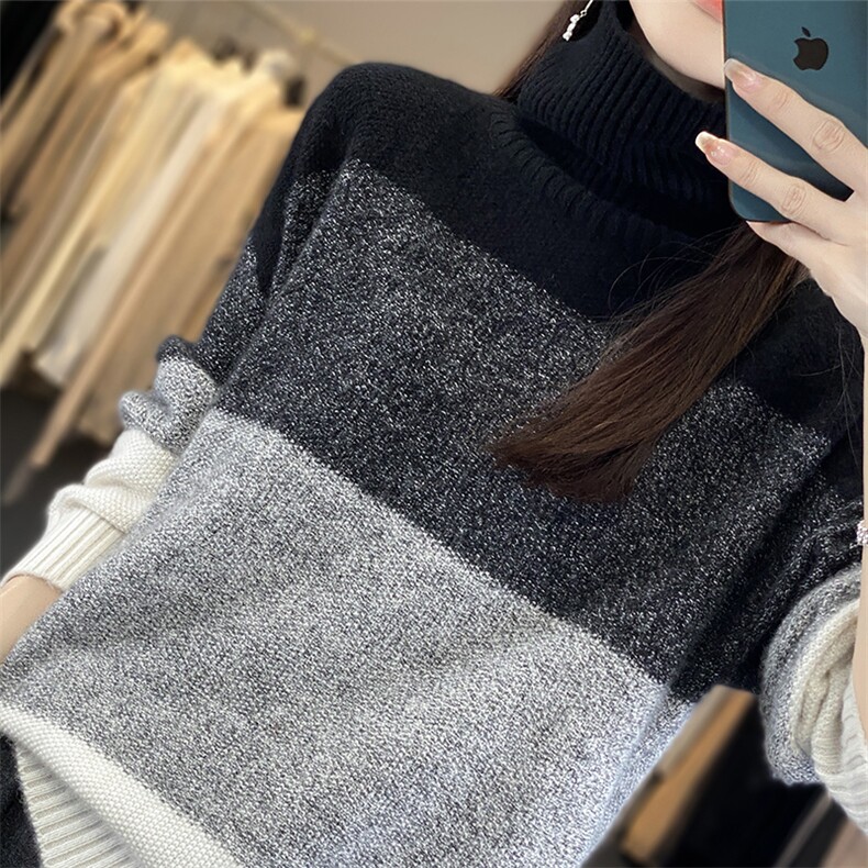 休闲/淑女2024年秋冬季单件长袖高翻领花纱拼色套头羊毛衫,女装羊毛衫,丽特绒