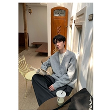 假两件拼接V领针织衫男慵懒风纯色羊毛套MY436-P45，男装针织衫/毛衣，星座1109-4