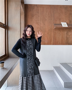 格纹拼接木耳边背心裙打底衫套装女2025秋季新款松弛感休闲两件套图片