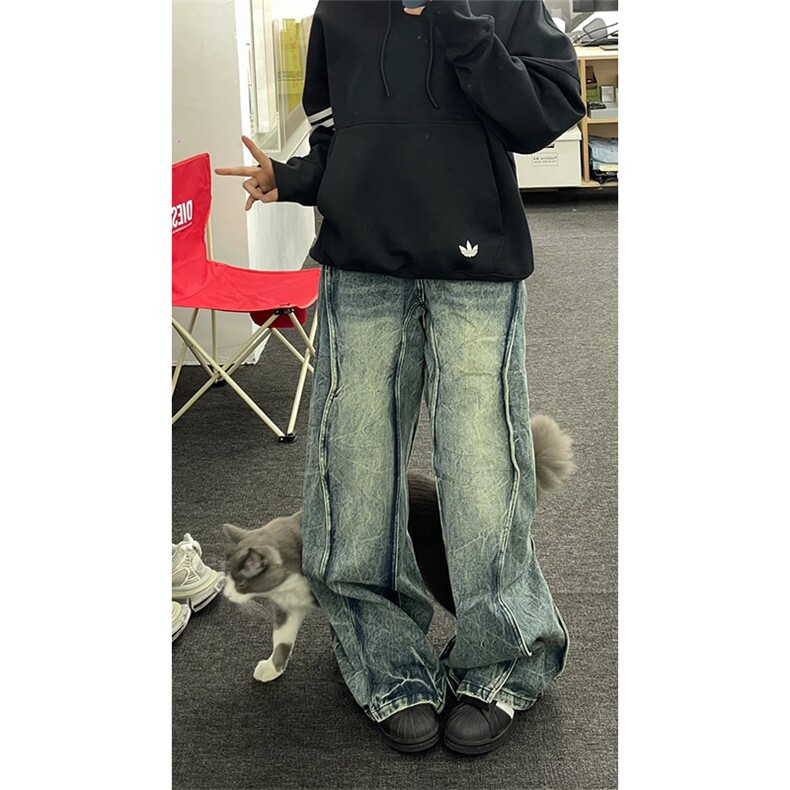 有货~美式高街直筒闪电纹牛仔裤微喇水洗vibe拼接做旧裤子K86-P58，男装牛仔裤，星座218-5