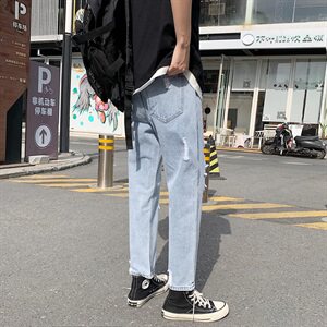 破洞牛仔裤男韩版九分裤bf港风宽松直筒乞丐裤图片