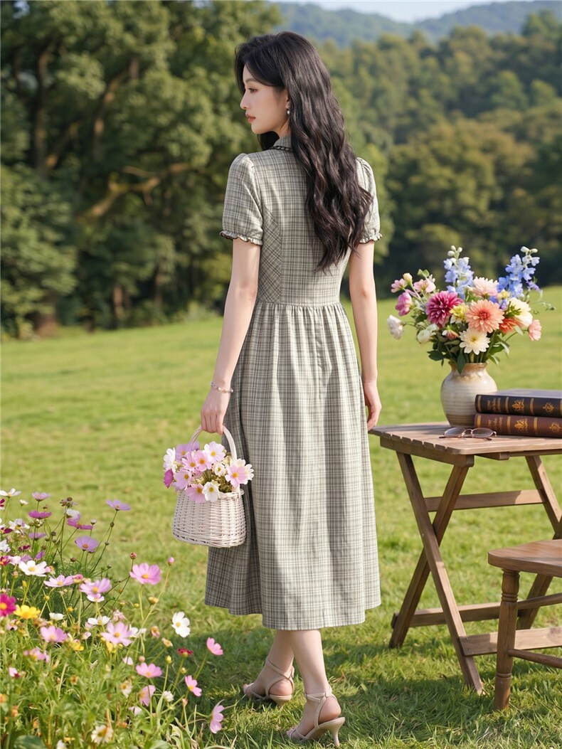 学院风格纹连衣裙女春夏收腰显瘦中长裙格子裙子,女装连衣裙,水衣源
