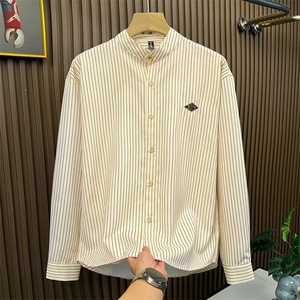 工装复古竖条纹立领长袖衬衫宽松廓形棒球衬衣外套秋季男LS72 P44图片