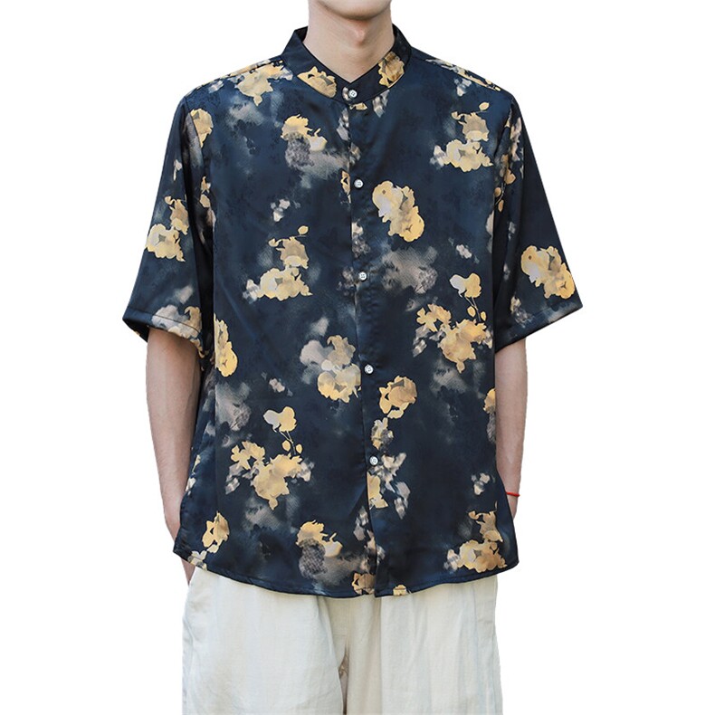 新中式提花风冰丝短袖上衣立领花衬衫时尚百搭T2501-P58,男装T恤,电商A227