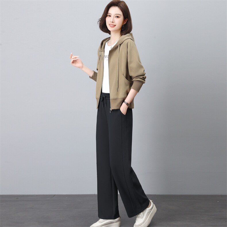 春秋新款时尚两件套装女休闲宽松连帽卫衣开衫直筒裤中老年妈妈装，女装套装/套裙，璐依舞
