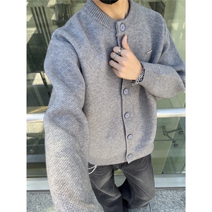 秋冬慵懒风简约百搭重磅拉链毛衣男长袖宽松休闲情侣立领针织开衫图片