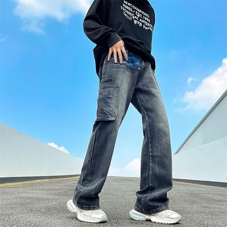 黑灰色拼接工装牛仔裤男秋季潮牌机能美式街头痞帅高街CK999-P55,男装牛仔裤,星座1109-3