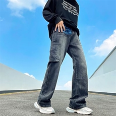 黑灰色拼接工装牛仔裤男秋季潮牌机能美式街头痞帅高街CK999-P55，男装牛仔裤，星座1109-3