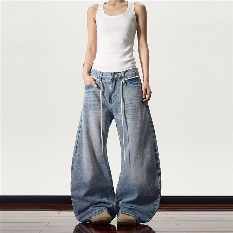 美式复古基础水洗蓝色弯刀牛仔裤男女新款宽松直筒通勤休闲裤子，男装牛仔裤，星座516A