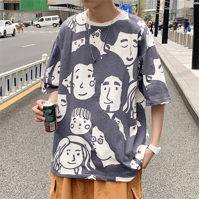 复古印花五分袖男潮流夏季ins潮牌嘻哈学生宽松短袖T恤 T140-P25图片