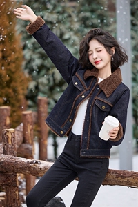 时尚拼接翻领加绒牛仔外套女2024年冬季新款ins潮高级感百搭棉衣图片