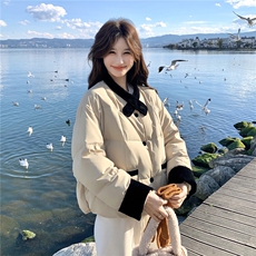 韩版撞色拼接羽绒服女短款冬季新款宽松显瘦面包服白鸭绒保暖外套，女装羽绒服，2C159