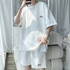 TZ65556/P40华夫格夏季宽松贴标套装男T恤短裤两件套大码港风控78，男装牛仔裤，电商A141