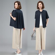 2023夏季新款时尚棉麻刺绣上衣+休闲棉麻九分阔腿裤两件套，女装套装/套裙，独衣靓