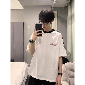夏季美式高街重磅纯棉三条杠织带撞色男女短袖T恤ZD626-特P30图片