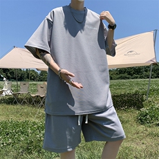KT2大码男女休闲华夫格宽松T恤短裤套装抖音品质情侣字母印花外套，男装休闲套装，星座115A-3