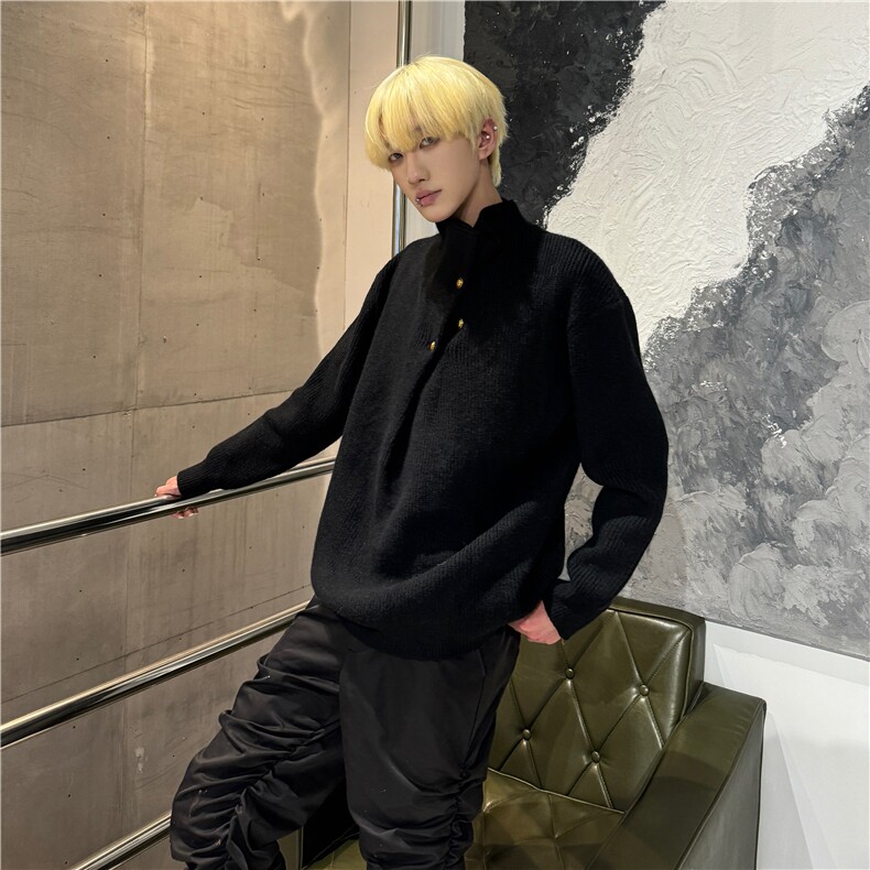 950克重磅侧扣高级感时尚百搭复古高领纽扣设计针织毛衣LF09P75特图片