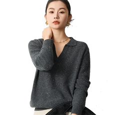 时尚长袖套头POLO领简约百搭亮片显瘦针织衫，女装羊毛衫，若菲羊绒