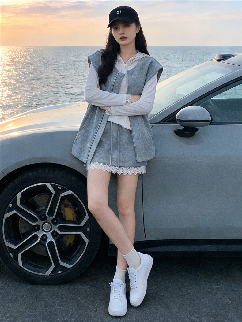 韩版时尚休闲裤裙套装女春款马甲外套连帽T恤蕾丝花边裤裙三件套,女装套装/套裙,江南