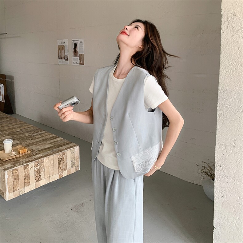 盐甜系穿搭蓝色蕾丝拼接西装马甲三件套女夏新款显瘦气质长裤套装,女装套装/套裙,2C203
