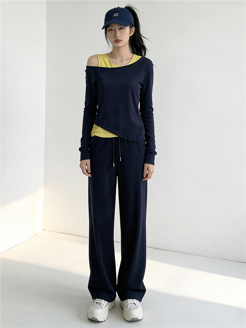 小众撞色真两件斜肩长款套装女春新款时尚气质长袖T恤长裤三件套,女装套装/套裙,江南