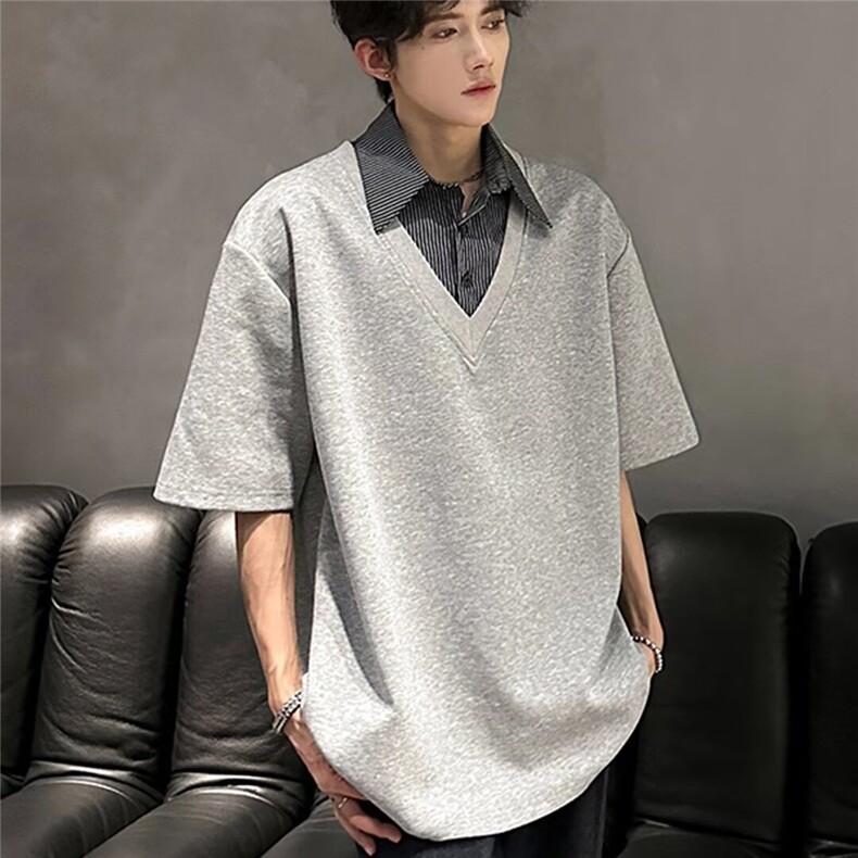 夏季拼接假两件短袖POLO衫男女潮牌宽松情侣休闲百搭T恤，男装T恤，星座715-4